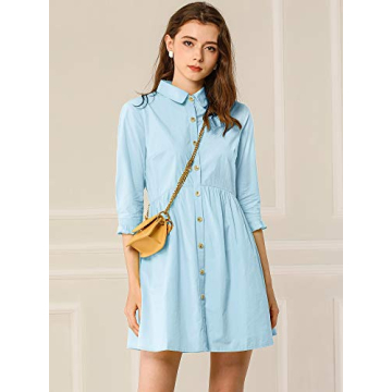 Allegra K Women's Casual Shirt Dress Ruched 3/4 Sleeve Button Down Work Mini Dresses X-Large Blue