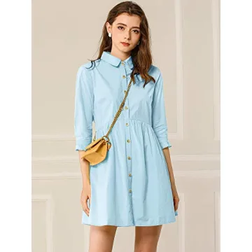 Allegra K Women's Casual Shirt Dress Ruched 3/4 Sleeve Button Down Work Mini Dresses X-Large Blue