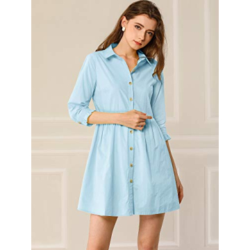 Allegra K Women's Casual Shirt Dress Ruched 3/4 Sleeve Button Down Work Mini Dresses X-Large Blue