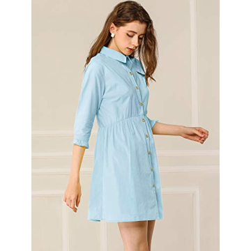 Allegra K Women's Casual Shirt Dress Ruched 3/4 Sleeve Button Down Work Mini Dresses X-Large Blue