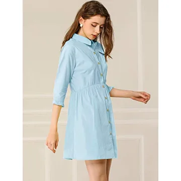 Allegra K Women's Casual Shirt Dress Ruched 3/4 Sleeve Button Down Work Mini Dresses X-Large Blue