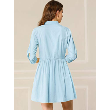 Allegra K Women's Casual Shirt Dress Ruched 3/4 Sleeve Button Down Work Mini Dresses X-Large Blue