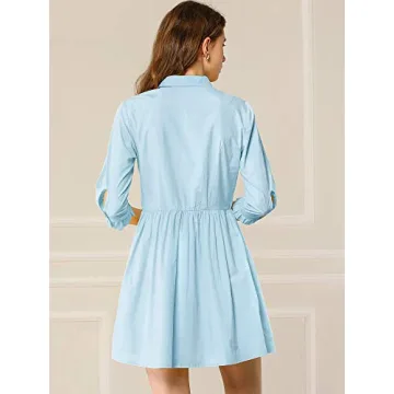 Allegra K Women's Casual Shirt Dress Ruched 3/4 Sleeve Button Down Work Mini Dresses X-Large Blue