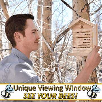 Mason Bee House - Crack'n Special $25 Off - Viewing Window, Wildflower Seeds, Guide - Wooden Block Nesting Tray Tubes Set - Wild Native Solitary Bees Unique Gardening Gifts for Women Men Mom Dad Gift