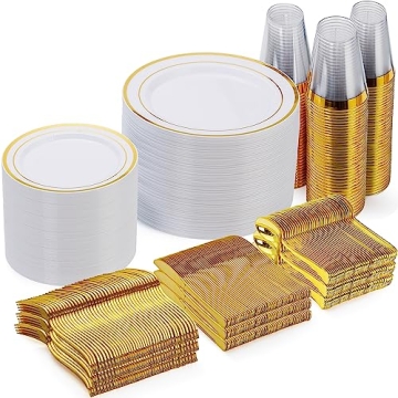 Goodluck 600 Pieces Gold Disposable Plates for 100 Guests, Elegant Party Dinnerware Set