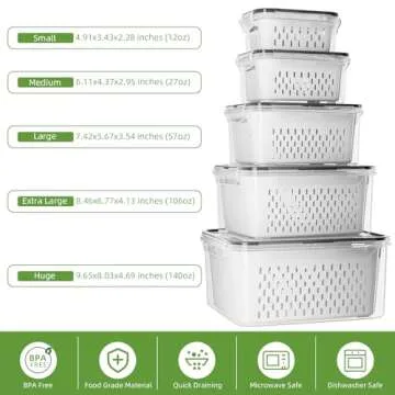 KEMETHY 5 Pack Fruit Storage Containers for Fridge with Removable Colanders - Food Storage Containers with Lids, BPA-Free Produce Containers Keep Fruits, Vegetables, Berry, Meat Fresh Longer
