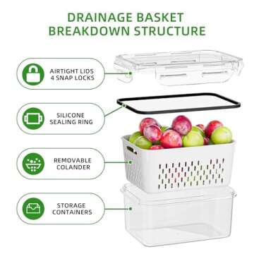 KEMETHY 5 Pack Fruit Storage Containers for Fridge with Removable Colanders - Food Storage Containers with Lids, BPA-Free Produce Containers Keep Fruits, Vegetables, Berry, Meat Fresh Longer