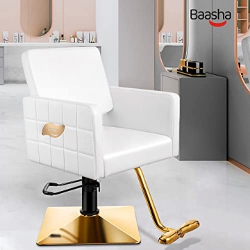 Baasha Premium Gold Salon Chair, Comfortable Salon Chair with Thickened Seat Cushion, Beautiful Design White Styling Chair, 360° Swivel Beauty Hair Stylist White Chair, Weight Capacity Up to 330 lbs