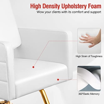Baasha Premium Gold Salon Chair, Comfortable Salon Chair with Thickened Seat Cushion, Beautiful Design White Styling Chair, 360° Swivel Beauty Hair Stylist White Chair, Weight Capacity Up to 330 lbs