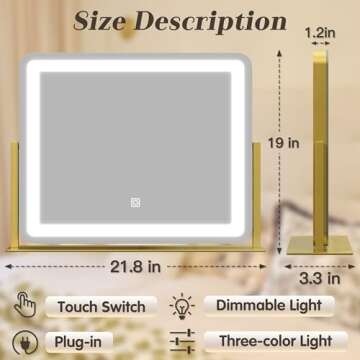 ROLOVE Gold Vanity Mirror Makeup Mirror with Lights, Large Lighted Vanity Mirror, Light Up Mirror with Smart Touch 3 Colors Dimmable, Tabletop Mirror for Makeup Desk, 360° Rotation, 22"x19"