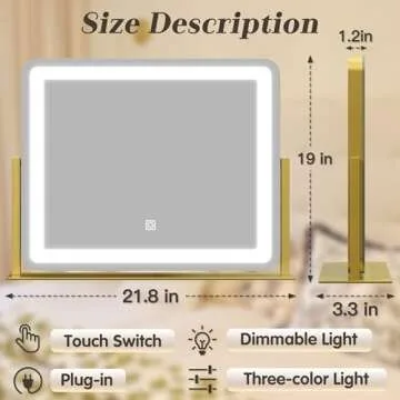 ROLOVE Gold Vanity Mirror Makeup Mirror with Lights, Large Lighted Vanity Mirror, Light Up Mirror with Smart Touch 3 Colors Dimmable, Tabletop Mirror for Makeup Desk, 360° Rotation, 22"x19"