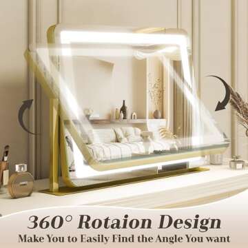ROLOVE Gold Vanity Mirror Makeup Mirror with Lights, Large Lighted Vanity Mirror, Light Up Mirror with Smart Touch 3 Colors Dimmable, Tabletop Mirror for Makeup Desk, 360° Rotation, 22"x19"