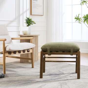HEAH-YO Modern Ottoman Footrest, 19" Chenille Upholstered Small Foot Rest Ottoman, Wooden Entryway Bench with Removable Cushion, Extra Seating for Living Room Bedroom, Green