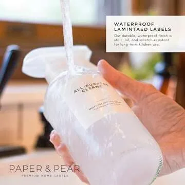 Clean-Modern White Bathroom Labels, Laundry Labels & Cleaning Labels by Paper & Pear - Waterproof Labels for Bottles - 2.6” Square Bathroom Labels for Organizing with Soap Labels - Set of 36