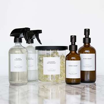 Clean-Modern White Bathroom Labels, Laundry Labels & Cleaning Labels by Paper & Pear - Waterproof Labels for Bottles - 2.6” Square Bathroom Labels for Organizing with Soap Labels - Set of 36