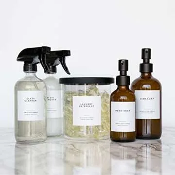 Clean-Modern White Bathroom Labels, Laundry Labels & Cleaning Labels by Paper & Pear - Waterproof Labels for Bottles - 2.6” Square Bathroom Labels for Organizing with Soap Labels - Set of 36