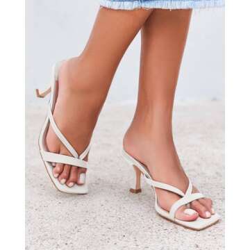 Ermonn Womens Square Open Toe Mules Sandals Slides Thong Stiletto Low White Heels Backless Slip on S...