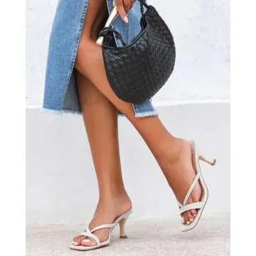 Ermonn Womens Square Open Toe Mules Sandals Slides Thong Stiletto Low White Heels Backless Slip on Slippers Shoes Size 8