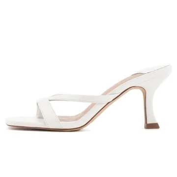 Ermonn Womens Square Open Toe Mules Sandals Slides Thong Stiletto Low White Heels Backless Slip on Slippers Shoes Size 8