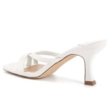 Ermonn Womens Square Open Toe Mules Sandals Slides Thong Stiletto Low White Heels Backless Slip on Slippers Shoes Size 8