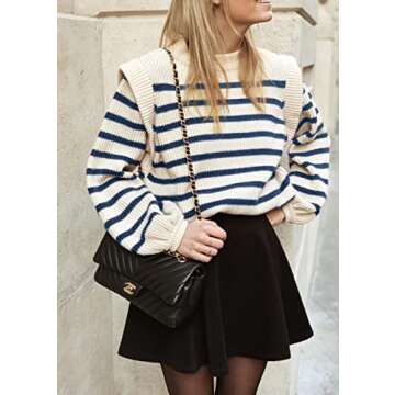 PRETTYGARDEN Women's Sweaters Casual Long Lantern Sleeve Crewneck Ribbed Knit Pullover Striped Jumper Tops Blouse (Striped Blue,Small)