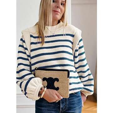 PRETTYGARDEN Women's Sweaters Casual Long Lantern Sleeve Crewneck Ribbed Knit Pullover Striped Jumper Tops Blouse (Striped Blue,Small)