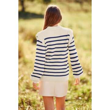 PRETTYGARDEN Women's Sweaters Casual Long Lantern Sleeve Crewneck Ribbed Knit Pullover Striped Jumper Tops Blouse (Striped Blue,Small)