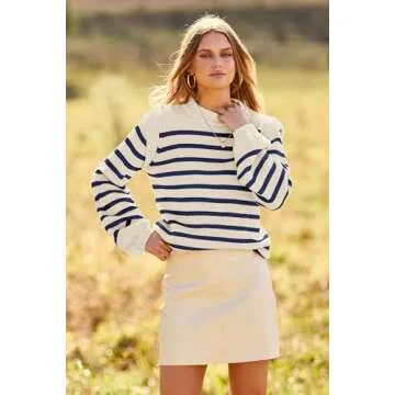 PRETTYGARDEN Women's Sweaters Casual Long Lantern Sleeve Crewneck Ribbed Knit Pullover Striped Jumper Tops Blouse (Striped Blue,Small)