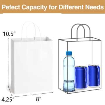 Poever White Kraft Paper Gift Bags with Handles 8x4.25x10.5 100 PCS Bulk, Medium Shopping Bags Party Favor Bags Goodie Bags Merchandise Bags for Packing Products for Birthday Takeouts
