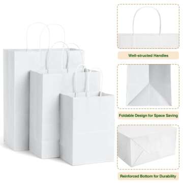 Poever White Kraft Paper Gift Bags with Handles 8x4.25x10.5 100 PCS Bulk, Medium Shopping Bags Party Favor Bags Goodie Bags Merchandise Bags for Packing Products for Birthday Takeouts