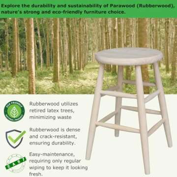 IC International Concepts, Scooped Seat Stool, Solid Real Wood, Sturdy Parawood, Seat Dimensions 14.5"W x 14.5"D x 24"H, 225 lbs capacity, Kitchen/Dining/Bar/Lounge, Paint/Stain Ready, Unfinished
