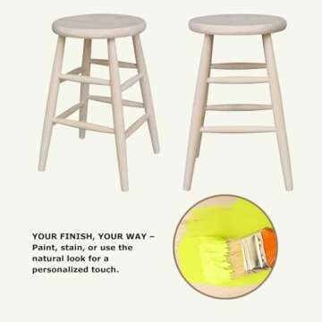 IC International Concepts, Scooped Seat Stool, Solid Real Wood, Sturdy Parawood, Seat Dimensions 14.5"W x 14.5"D x 24"H, 225 lbs capacity, Kitchen/Dining/Bar/Lounge, Paint/Stain Ready, Unfinished