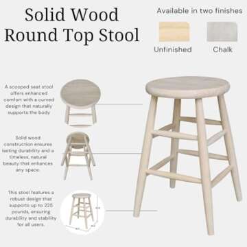 IC International Concepts, Scooped Seat Stool, Solid Real Wood, Sturdy Parawood, Seat Dimensions 14.5"W x 14.5"D x 24"H, 225 lbs capacity, Kitchen/Dining/Bar/Lounge, Paint/Stain Ready, Unfinished