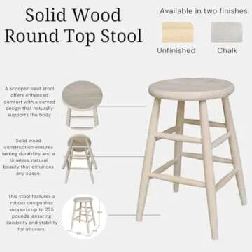 IC International Concepts, Scooped Seat Stool, Solid Real Wood, Sturdy Parawood, Seat Dimensions 14.5"W x 14.5"D x 24"H, 225 lbs capacity, Kitchen/Dining/Bar/Lounge, Paint/Stain Ready, Unfinished
