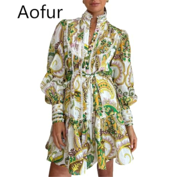 Aofur Summer Cotton V Neck Long Losse Sleeve Casual Party A-Line Dresses Embroidery Short Dress(2X-Large,GreenFloral)