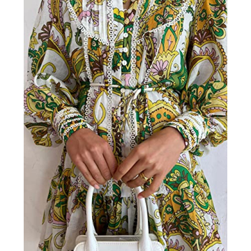 Aofur Summer Cotton V Neck Long Losse Sleeve Casual Party A-Line Dresses Embroidery Short Dress(2X-Large,GreenFloral)