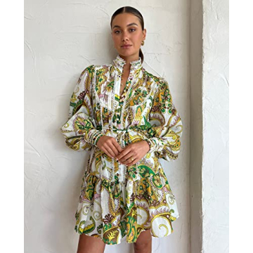 Aofur Summer Cotton V Neck Long Losse Sleeve Casual Party A-Line Dresses Embroidery Short Dress(2X-Large,GreenFloral)