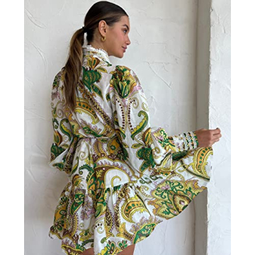 Aofur Summer Cotton V Neck Long Losse Sleeve Casual Party A-Line Dresses Embroidery Short Dress(2X-Large,GreenFloral)