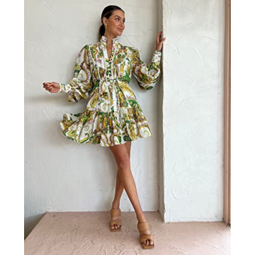 Aofur Summer Cotton V Neck Long Losse Sleeve Casual Party A-Line Dresses Embroidery Short Dress(2X-Large,GreenFloral)