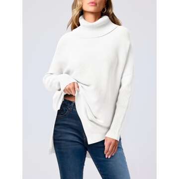 ANRABESS Women's Oversized Turtleneck Batwing Sleeve Spilt Casual Loose Knit Tunic Pullover Sweater Tops 2025 Fall Outfits White X-Large
