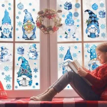131PCS Hello Winter Gnomes Window Stickers Blue Gnomes Windows Decals Clings Double Printed PVC Stickers Decoration Christmas Gnomes Snowflake Snowman Windows Clings for Winter Holiday Xmas Supplies
