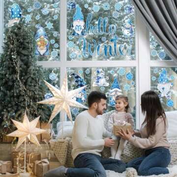 131PCS Hello Winter Gnomes Window Stickers Blue Gnomes Windows Decals Clings Double Printed PVC Stickers Decoration Christmas Gnomes Snowflake Snowman Windows Clings for Winter Holiday Xmas Supplies