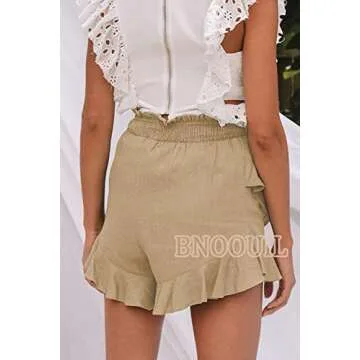 BNOOUIL Women's High Waisted Shorts Summer Casual Comfy Flowy Beach Linen Cotton Shorts Wrap Mini Skirt Skort HBKQ-Khaki-S