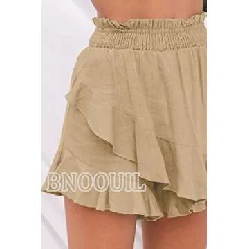 BNOOUIL Women's High Waisted Shorts Summer Casual Comfy Flowy Beach Linen Cotton Shorts Wrap Mini Skirt Skort HBKQ-Khaki-S