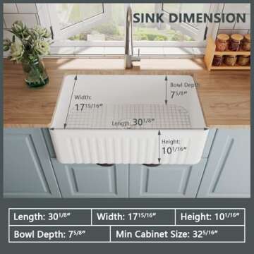 DeerValley Farmhouse Sink 30"x18", 10 inch Deep White Kitchen Sinks, Fireclay Single Bowl Apron Fron...