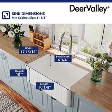 DeerValley Farmhouse Sink 30"x18", 10 inch Deep White Kitchen Sinks, Fireclay Single Bowl Apron Front Lavabos de Cocina with Accessories