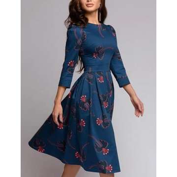 Simple Flavor Women's Floral Evening Flare Vintage Midi Dress 3/4 Sleeve