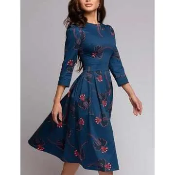 Simple Flavor Women's Floral Evening Flare Vintage Midi Dress 3/4 Sleeve