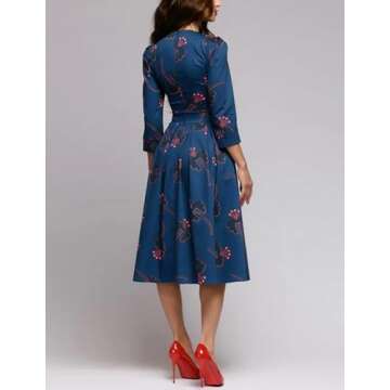 Simple Flavor Women's Floral Evening Flare Vintage Midi Dress 3/4 Sleeve