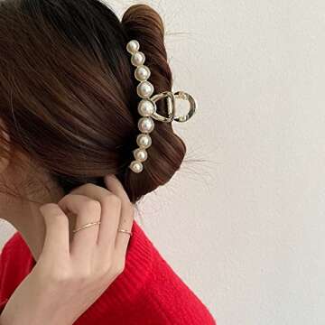Textention Vintage Metal Pearl Hair Clip, Imitation Pearl Hair Claw Clips Large Size, Hair Clasps Accessories for Women Lady Girls, 2 Pieces